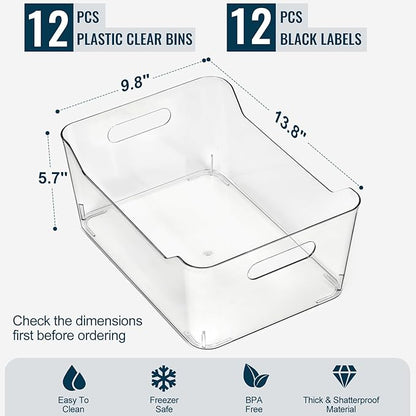 12 PACK Multi-Use Clear Plastic Storage Bins for Organizing w/ Labels - Home, Kitchen, Pantry, Bathroom, Office, Cabinet Shelf Organizer Bins - SOHO Collection, RV, Fridge Organization Containers -XXL