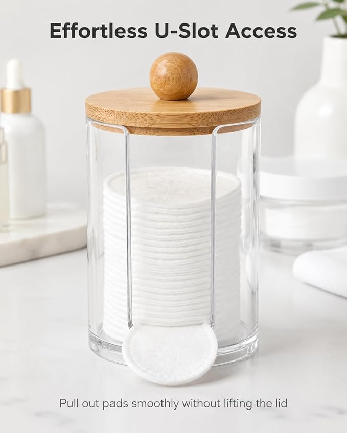 Cotton Round Holder with Bamboo Lid - 10oz Clear Plastic Cotton Pad Dispenser with U-Shaped Side Slot, Shatterproof Apothecary Jar for Makeup Remover Pads, Bathroom Vanity Countertop Storage