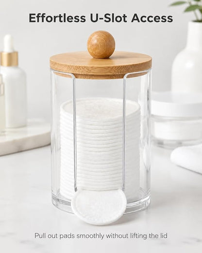 Cotton Round Holder with Bamboo Lid - 10oz Clear Plastic Cotton Pad Dispenser with U-Shaped Side Slot, Shatterproof Apothecary Jar for Makeup Remover Pads, Bathroom Vanity Countertop Storage