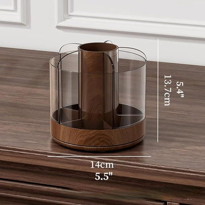Makeup Brush Holder 360° Rotating 6 Slot Multi-Compartment Storage, Acrylic Spinning Organizer for Cosmetics Nail Polish Combs, Bathroom Vanity Desktop Organizer (Dark Woodgrain)