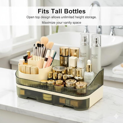 Makeup Organizer with Dual Drawers - Large Capacity Countertop Cosmetic Storage for Skincare Vanity Bathroom