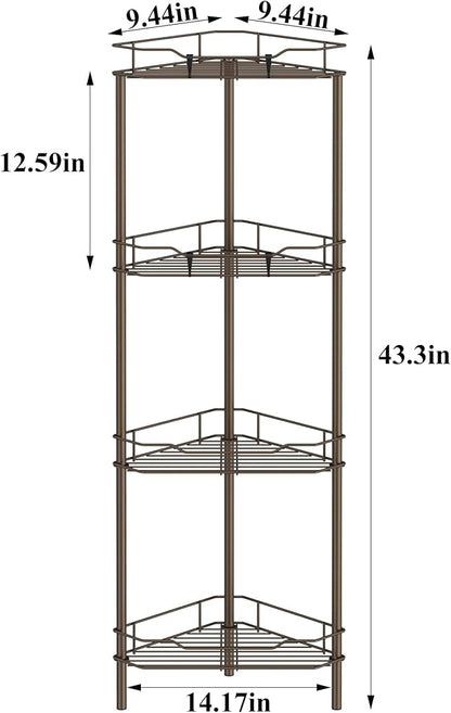 HuggieGems 4 Tier Floor Standing Corner Shower Caddy Organizer Shelf with Hooks, Bathroom Shelves Stand Rack, Bronze