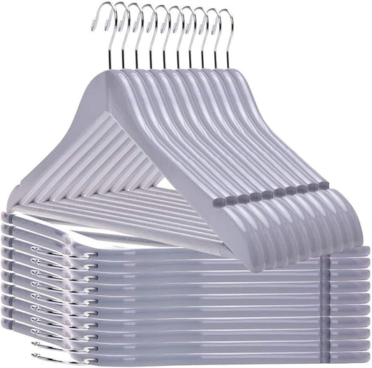 Quality Wooden Hangers - Slightly Curved, Heavy-Duty Coat Hangers with Stylish Chrome Hooks - 30-Pack Sets for Clothes, Jackets, Shirts, Pants, Suits (Gray)