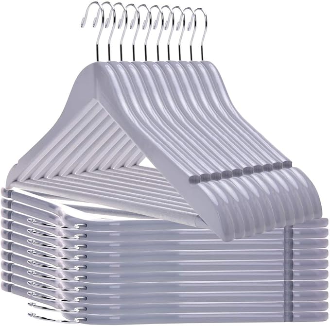 Quality Wooden Hangers - Slightly Curved Hanger Set of 80-Pack - Solid Wood Coat Hangers with Stylish Chrome Hooks - Heavy-Duty Clothes, Jacket, Shirt, Pants, Suit Hangers (Gray, 80)