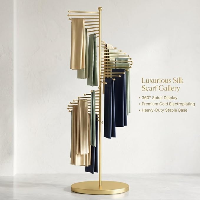 Scarf Rack Free Standing, Spiral Scarf Holder, Hijab Stand, 30 Rods for Multiple Scarves Purse Hat, Space Saving Organizer (42x170cm/17x67in, Gold)