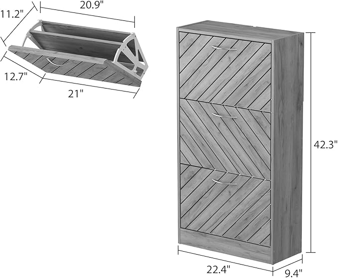 Homsee Modern Shoe Storage Cabinet with 3 Flip Drawers & Twill Louver Doors, Wood 3-Tier Shoe Rack Storage Organizer for Entryway, Hallway & Bedroom, Grey (22.4”L x 9.4”W x 42.3”H)