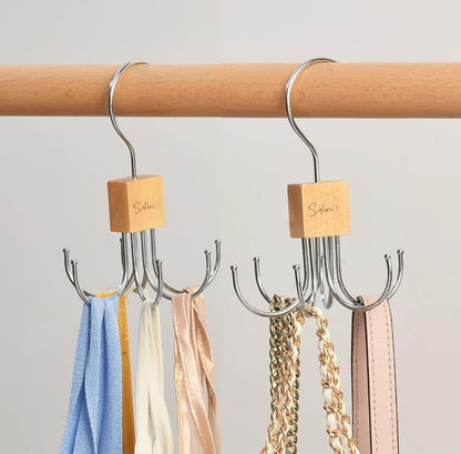 2 Pack, Rotating Belt Hanger Organizer for Closet, 12 Hooks Storage, Space Saving for Accessories, Bra, Tank Top, Tie, Scarf, Purse, Natural Wood and Metal