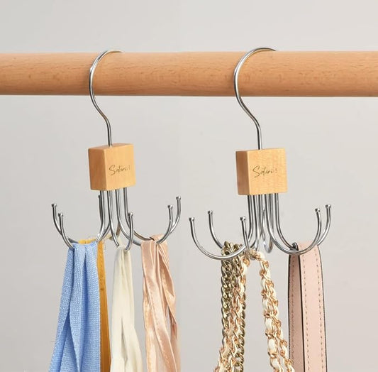 2 Pack, Rotating Belt Hanger Organizer for Closet, 12 Hooks Storage, Space Saving for Accessories, Bra, Tank Top, Tie, Scarf, Purse, Natural Wood and Metal
