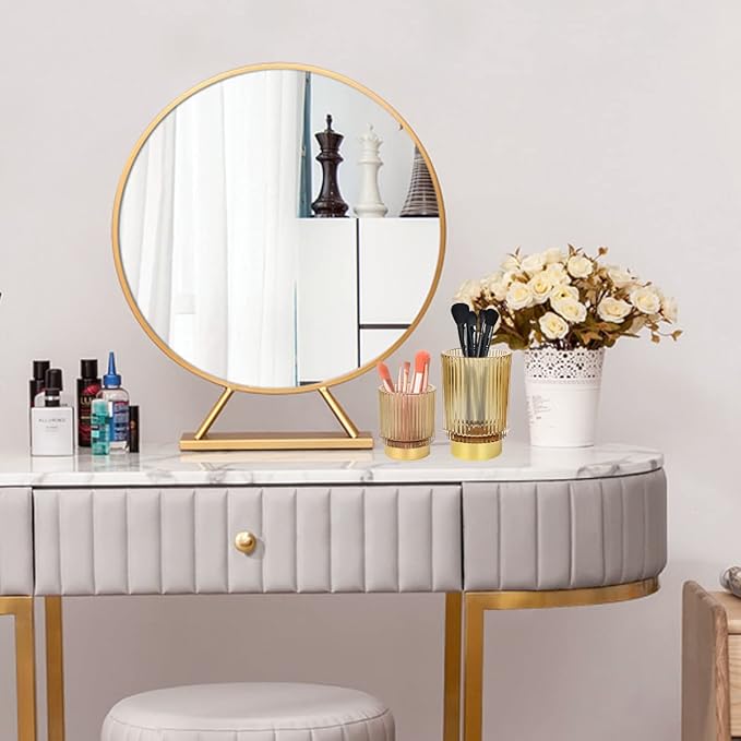 Amber Makeup Brush Holder, Glass Toothbrush Holders for Bathrooms, Gold Pen Holder for Desk, Vintage Make Up Brush Holder Vanity Organizer for Brushes, Lipstick, Eyebrow Pencil