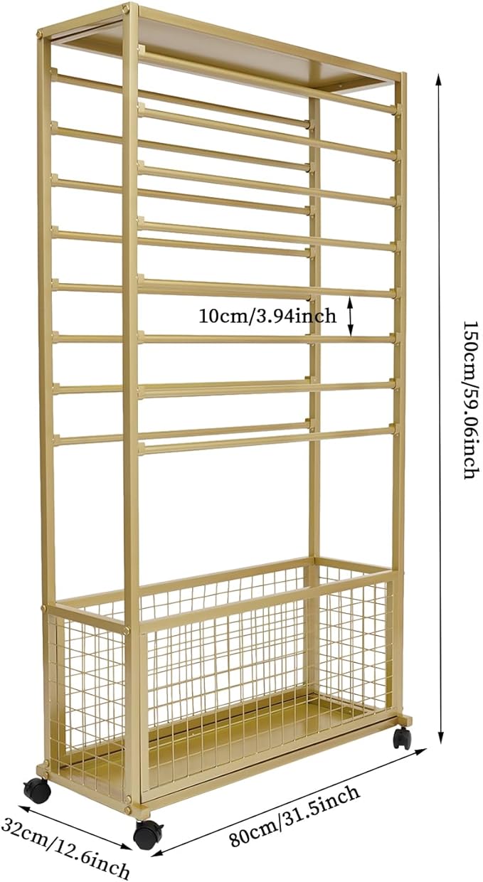 16-Tier Double-Sided Ribbon Holder Organizer Rack with Storage Basket & Wheels, Multifunctional Flower Wrapping Paper Display Stand for Craft Rooms, Flower Shops (Gold, 31.5''W x 12.6''D x 59.06''H)