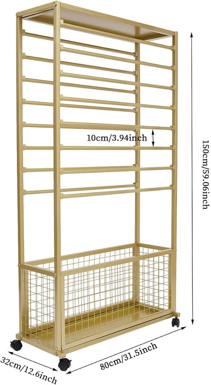 16-Tier Double-Sided Ribbon Holder Organizer Rack with Storage Basket & Wheels, Multifunctional Flower Wrapping Paper Display Stand for Craft Rooms, Flower Shops (Gold, 31.5''W x 12.6''D x 59.06''H)