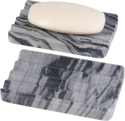 2 Pcs Soap Holder for Bathroom, Marble Soap Dish for Kitchen Countertop, Tray with Creative Wavy Design, Soap Saver for Bath Tub, Sponges, Italian Natural Stone(Monte Grigio)
