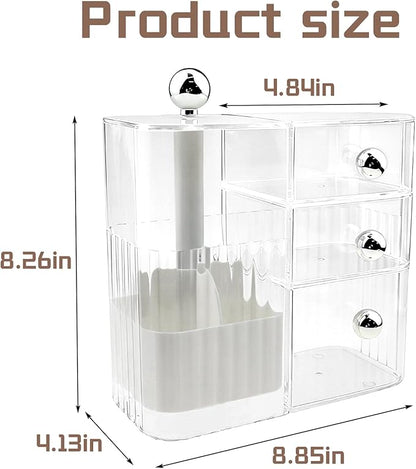 PET Makeup Organizer with Press Pop-Out Compartment & 3 Drawers, Clear Cosmetic Storage Box for Vanity Countertop, Bathroom Small Item Organization