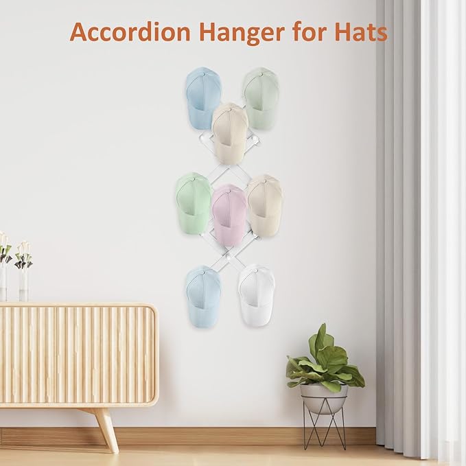 Accordion Wall Hanger, Hat Rack for Wall with 14 Coat Hooks, Expandable Hat Hangers Organizer, Vintage Decorative Coat Rack Wall Mount for Purse, Mug (White)
