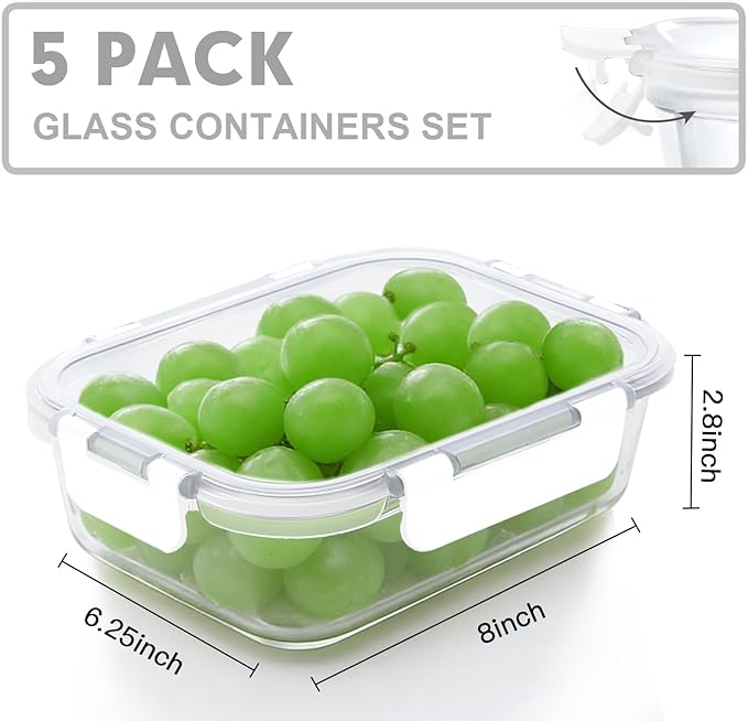 VERONES 5 Pack 36 OZ Glass Meal Prep Containers, Airtight Glass Lunch Containers Set, Food Storage Containers with Lids,Exclusive of BPA, for Microwave, Oven, Freezer & Dishwasher Friendly,White