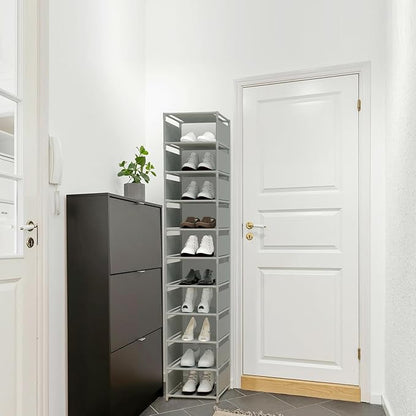 10 Tier Vertical Shoe Rack - Grey Narrow Shoe Rack for Closet & Entryway, Space Saving Tall Shoe Organizer for Small Spaces, Sturdy Skinny Shoe Tower Stand for Boots & Heels, Grey