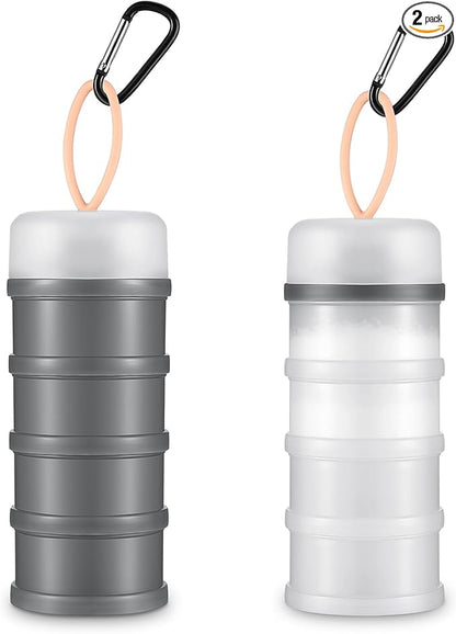 Baderke 2 Pcs Protein Powder Container with Funnels Stand, 4 Stackable Leakproof Protein Powder Dispenser, Portable Keychain Powder Container for Workout, Fitness, Travel(Gray, White)