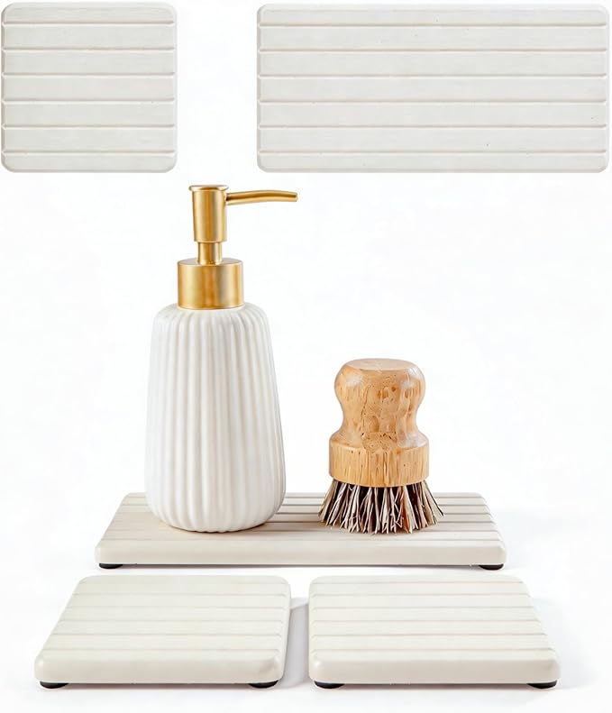 Diatomaceous Earth Sink Organizer Tray Set, 3-Pack Fast Drying Water Absorbing Stone Soap Holder Caddy for Kitchen & Bathroom Counter, Faucet Splash Guard, Beige (1pc of 8"x3.8" + 2pcs of 3.8"x3.8")