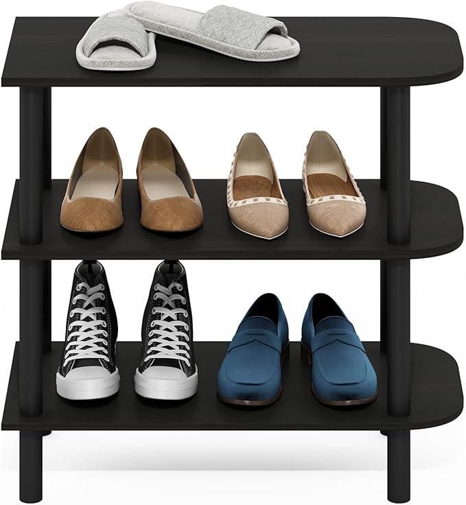 Furinno Turn-N-Tube Shoe Rack, 3-Tier Narrow Shoe Organizer, Shoe Rack Storage with Curved Freestanding Organizer, 11.7 x 23.6 x 21.9, for Closet Entryway, Office, Garage, Dark Espresso