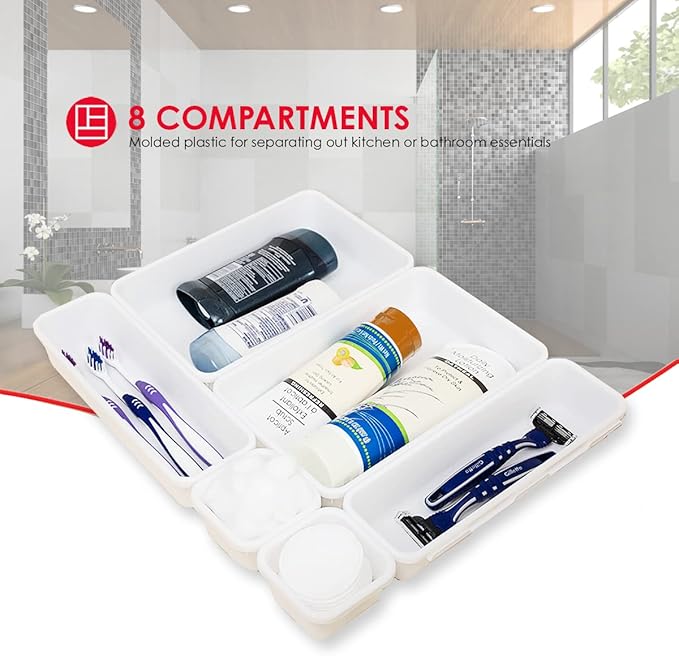 Home Basics 8 Piece Kitchen, Adjustable and Customizable Multi-Drawer Divider Organizer Set Multipurpose Use White