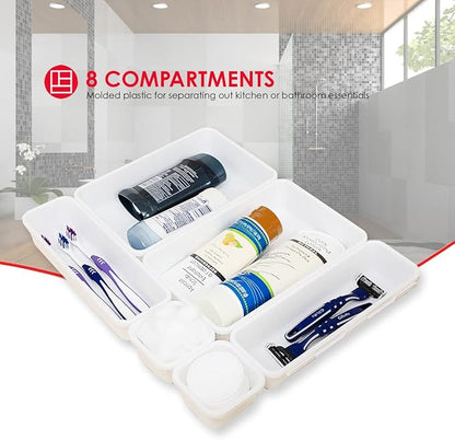 Home Basics 8 Piece Kitchen, Adjustable and Customizable Multi-Drawer Divider Organizer Set Multipurpose Use White
