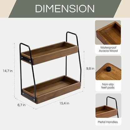 THYOI Acacia Wood 2-Tier Wooden Organizer Countertop 15.4” x 6.7” x 14.6”, Two-Tier Bathroom Organizer, Storage Organizer, Wooden Organizer, Countertop Storage Shelf (Walnut with Black Steel)