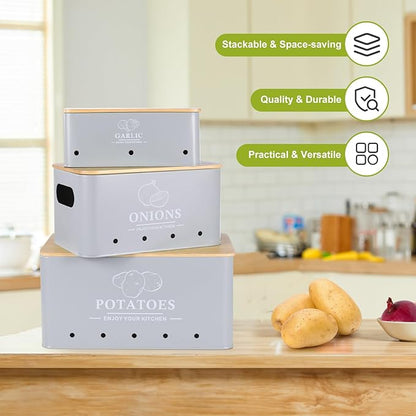 Kitchen Vegetable Storage Set of 3, Metal Onion Garlic Potato Storage Set, Kitchen Canisters Vegetable Keeper Containers with Aerating Holes and Wooden Lid (Grey)