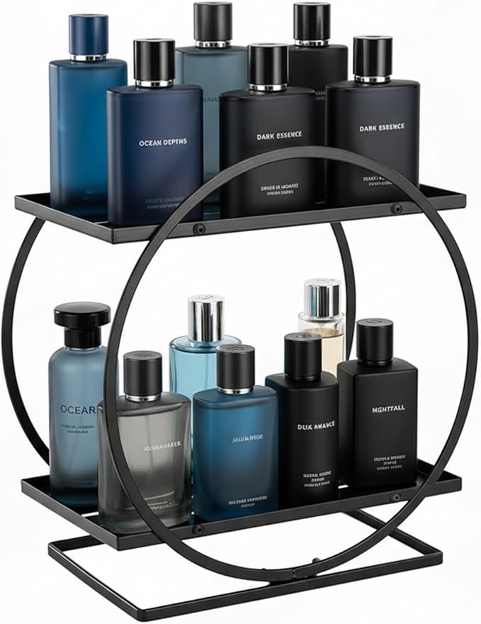 PARBEE Mens Cologne Organizer, 2-Tier Perfume Display Stand Metal Cologne Organizer Display Shelf, Sturdy Makeup Skincare Cosmetic Storage Shelf for Bathroom Countertop