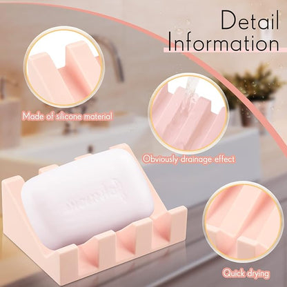 Cunhill 2 Pieces Silicone Soap Dish Self Draining Soap Dish Shower Waterfall Bar Soap Holder Tray with Drain Soap Saver for Kitchen Bathroom Accessories (Light Pink,Bright White)