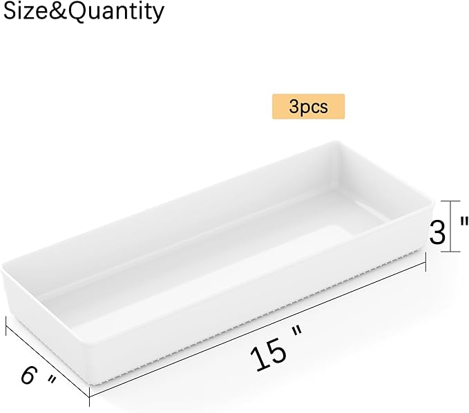 3 Pack White Large Size Plastic Drawer Organizer Tray Cutlery Utensil Makeups Drawer Organizers 15" X 6"