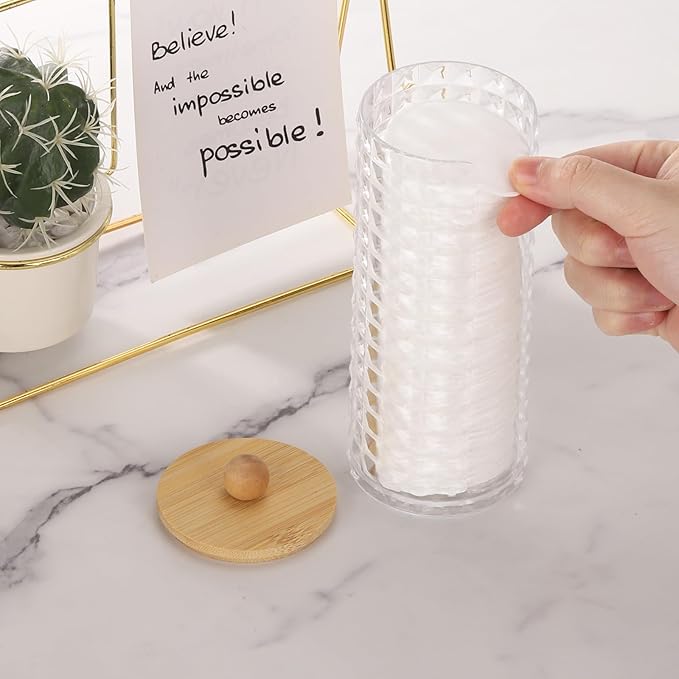 Tecbeauty Cotton Pads Holder Bathroom Storage Makeup Removers Pads Organizer, Clear Containers with Bamboo Lid