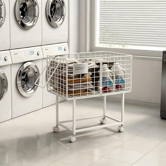 CICUFY Rolling Laundry Cart, 80L Wire Laundry Hamper Basket on Wheels, Dirty Clothes Basket with Handle, Metal Clothes Hamper Organizer for Laundry Room, Bathroom, Bedroom, Dorm, White
