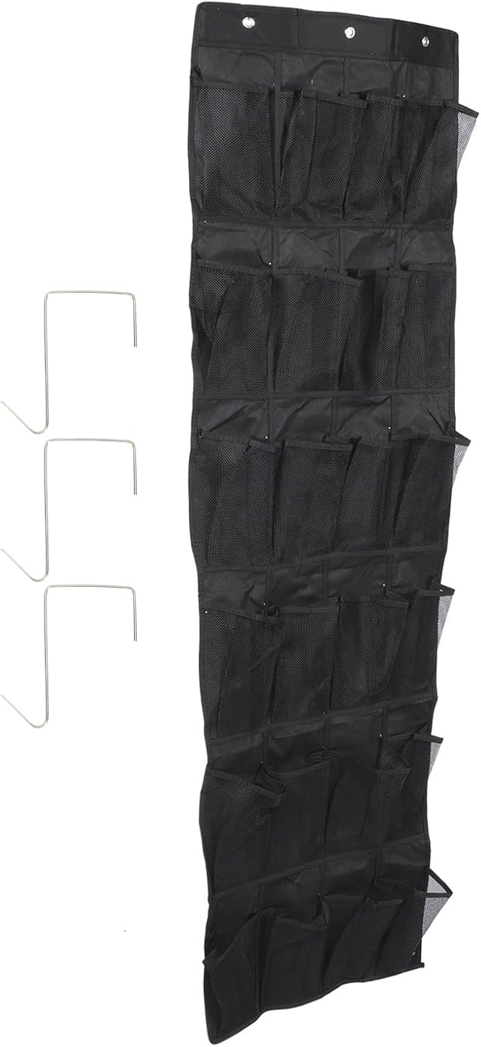 Ipetboom 24-pocket over The Door Shoe Organizer Bag, Breathable Mesh Hanging Storage Pouch, Black, 48x168cm, Space-saving Hanging Shoe Storage for Home Closet