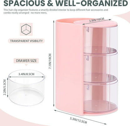2 Pack Hair Accessories Organizer with Hair Brush Holder, 3-Tier Clear Rotatable Drawer Makeup Sponge Holder, Bathroom Qtip Cotton Swab/Pad/Ball Dispenser Jewelry Box (Pink)