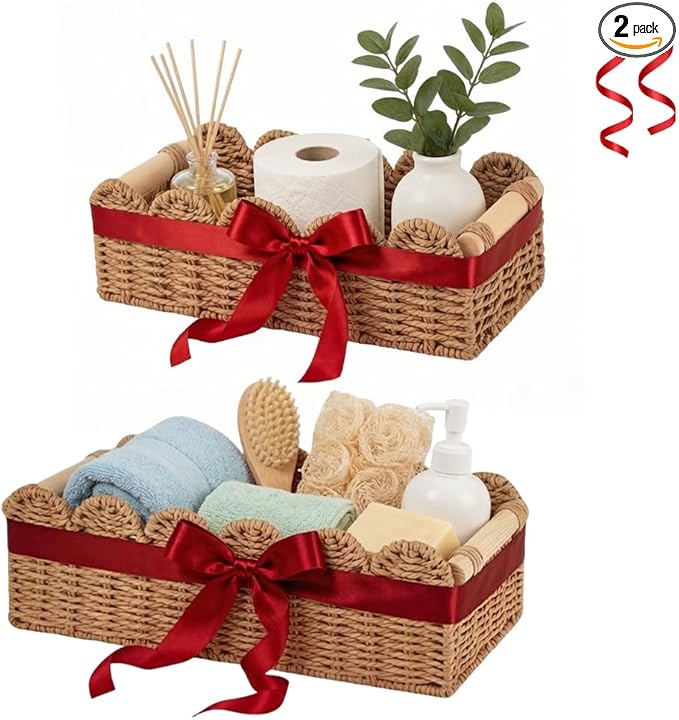 Toilet Basket,Tank Topper,Toilet Paper Basket 2pcs Scalloped Basket Toilet Paper Holder with A Wooden Handle A Cute and Practical Home Decor Item （Includes 2 Decorative Ribbons）