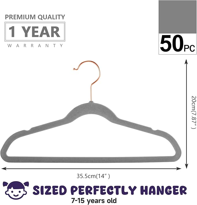 MIZGI Kids Velvet Hangers,Non-Slip Big Kids Hangers,14 Inch Hangers for Youth,Teen Clothes,Pack of 50（Gray/Rosegold）