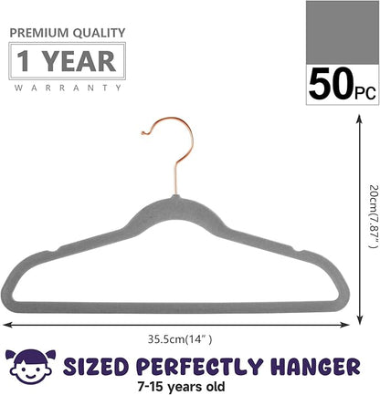 MIZGI Kids Velvet Hangers,Non-Slip Big Kids Hangers,14 Inch Hangers for Youth,Teen Clothes,Pack of 50（Gray/Rosegold）