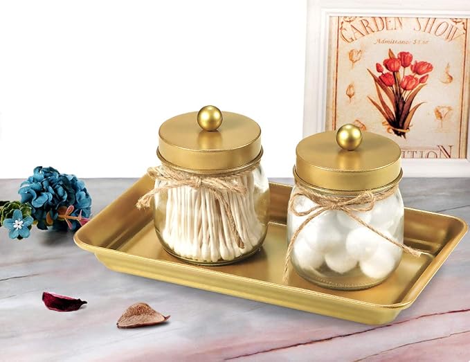 SheeChung Vintage Farmhouse Decor Metal Vanity Tray(4 Pack),Countertop Guest Hand Towel Storage Organizer Tray Dispenser, Sturdy Holder for Perfume,Cosmetics, Jewelry, Makeup Bathroom Organizer (Glod)
