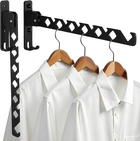 2 Pack Wall Mount Coat Hanger Holder Black Clothes Drying Organizer Rack Garment Hooks Aluminium Retractable Folding Indoor Wall Mounted Hanger Space Saver for Laundry Room Bedroom Black