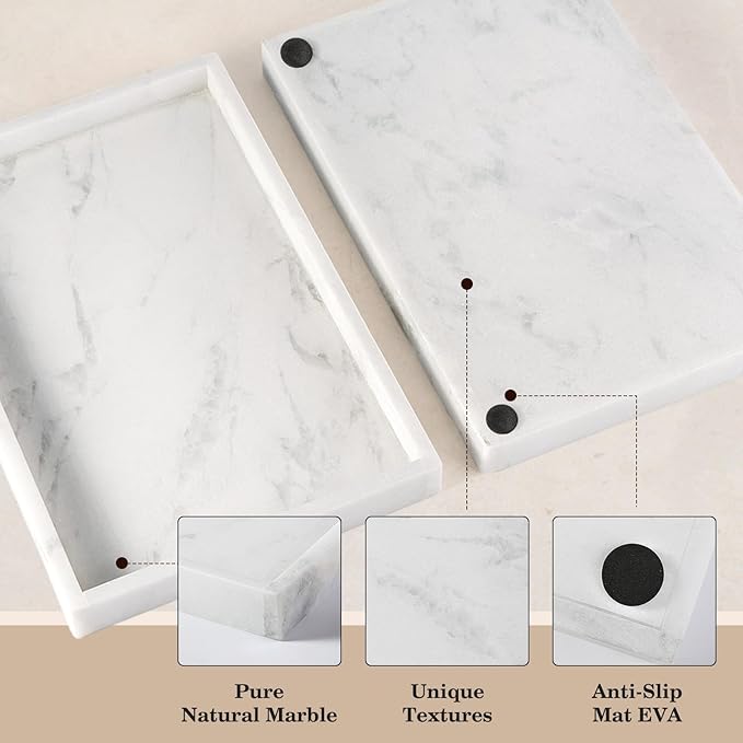 Real Natural Marble Tray, 11.7" x 7.8" Decorative Vanity Tray for Bathroom Countertop, Kitchen Counter, or Catchall, White Coffee Table Tray for Jewelry, Perfume, Candles, Office, Home Decor