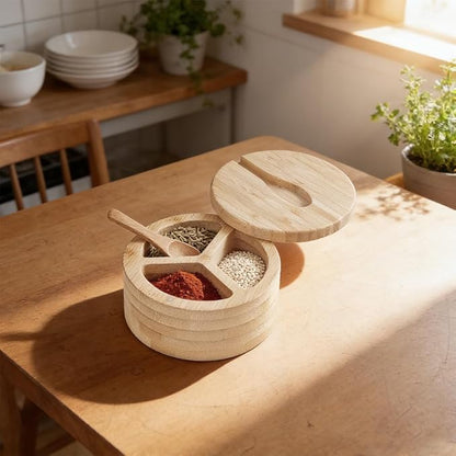2pcs Wood Salt and Pepper Box 3 Compartment Salt Cellar with Swivel Lid and Built in Spoon for Countertop Spice Seasoning Condiment Jar Pepper Holder Bowl for Kitchen Storing Sugar Herbs