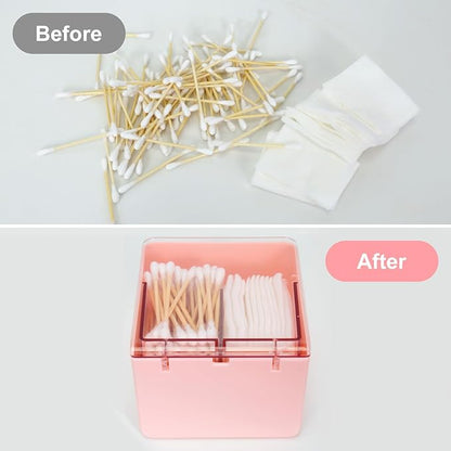 Q tip Holder with 2 Compartments, Plastic Cotton Swab Holder Clear Qtip Organizer in Home Bathroom for Cotton Ball, Swab, Round Pads, Plastic Floss Pick Holder, Pink