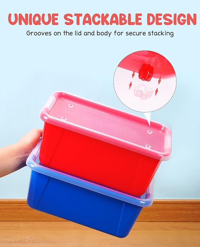 GAMENOTE 6 Quart Storage Bins with Lids, Plastic Latching Box for Classroom & Kids Toy Storage,Stackable Shoe Box Size Containers for STEM Morning Tubs, Crafts & Building Blocks (12, Colorful)
