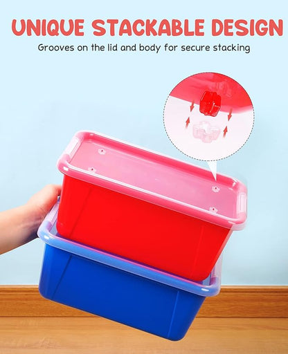 GAMENOTE 6 Quart Storage Bins with Lids, Plastic Latching Box for Classroom & Kids Toy Storage,Stackable Shoe Box Size Containers for STEM Morning Tubs, Crafts & Building Blocks (12, Colorful)
