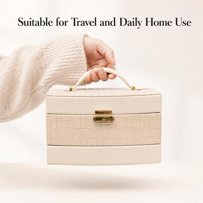 Elegant 3 Layer Lockable Jewelry Box for Women – Mirrored Jewelry Organizer with Key & Drawer, Travel Friendly PU Leather Storage Case,Gift for Wife, Mom, Daughter (off-white)