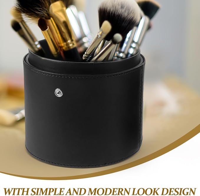 Portable Makeup Brush Holder with Lid - Elegant Pu Leather Makeup Bag Black Brush Organizer for Travel Compact Storage Bucket with Buckle Protective Lid, Easy to Clean, 7.9in X 5.19in