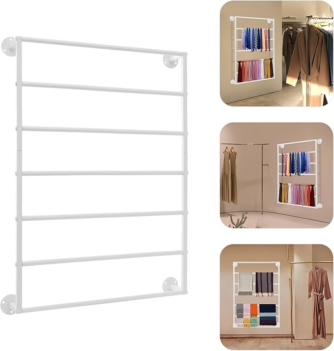 Wall Mounted Display Rack, 7-Tier Wall Mounted Scarf Rack, White Towels Storage Rack, Wrapping Paper Ribbon Organizer, Metal Wall Display Rack for Bedroom, Retail Store, Flower Shop