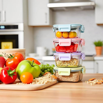 2Cup Square Glass Food Storage Containers, Small Square Food Containers With Airtight Lids Leak-proof, BPA free 16oz Glass Meal Prep Bowls, Dishwasher, Microwave, Freezer Safe (4 color)