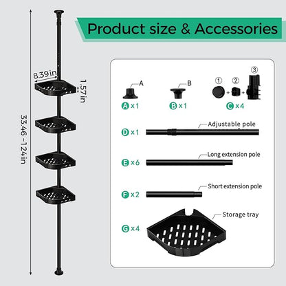 shuang qing 4-Tier Corner Shower Caddy Tension Pole Organizer - Adjustable Rustproof Metal Tension Pole, Plastic Shelves with Safety Guardrail, Bathroom Storage for Shower & Bathtub(Black)