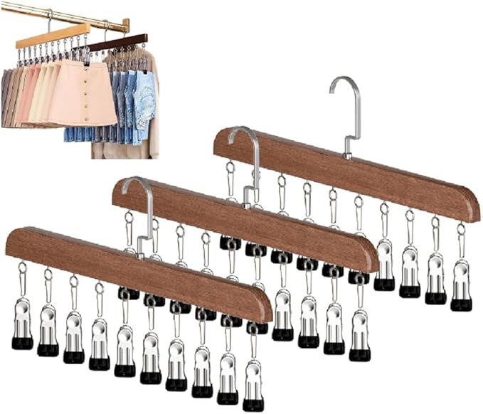 Legging Hangers with 10 Clips,Space Saving Cap Organizer for Closet,Wooden Hats Hangers 3 Pack,360° Rotating Hanging Closet Organizer for Pants, Skirts and Socks Storage (Set of 3,Vintage)